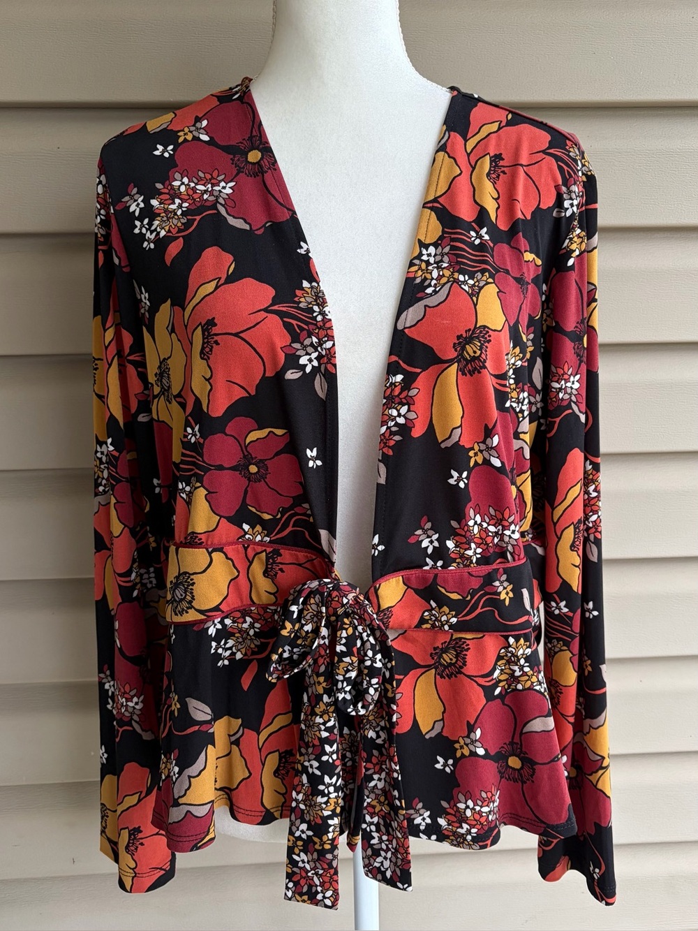 •Susan Graver• Floral Tie Front Peplum Cardigan Jacket - Size Large